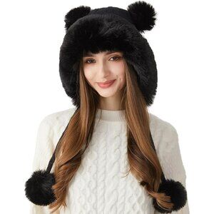 Women Black Winter Sherpa Beanie Hats Knit Ear Flaps Peruvian Cover Ears